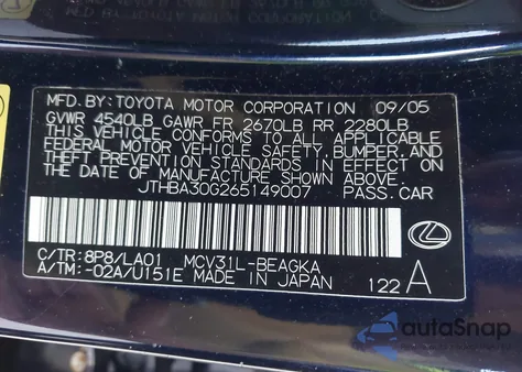 2006 Lexus Es 330 из США, поврежденный, VIN JTHBA30G265149007